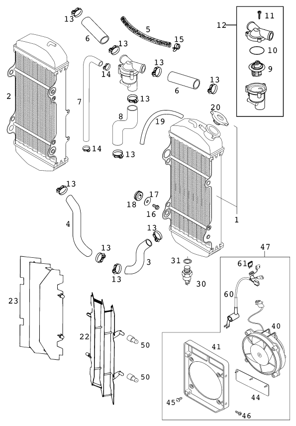 Despiece original completo de SISTEMA DE REFRIGERACIÓN del modelo de KTM 400 EXC Racing Six-Days del año 2001