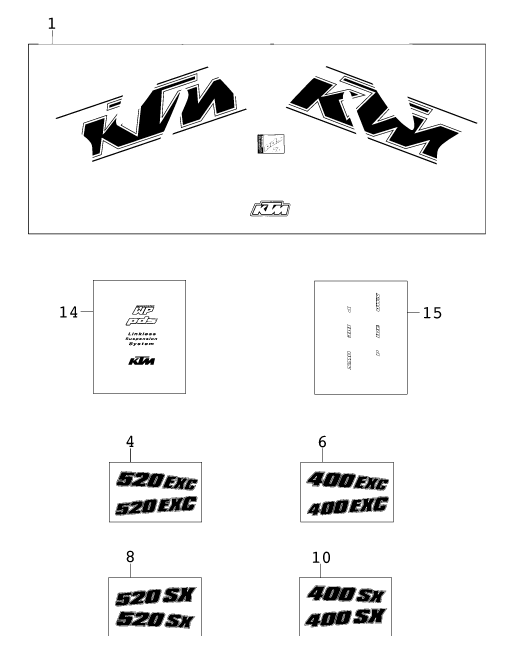 Despiece original completo de Kit gráficos del modelo de KTM 400 SX Racing del año 2000
