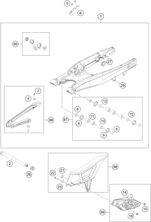 Despiece original completo de Basculante del modelo de KTM 350 EXC-F del año 2023