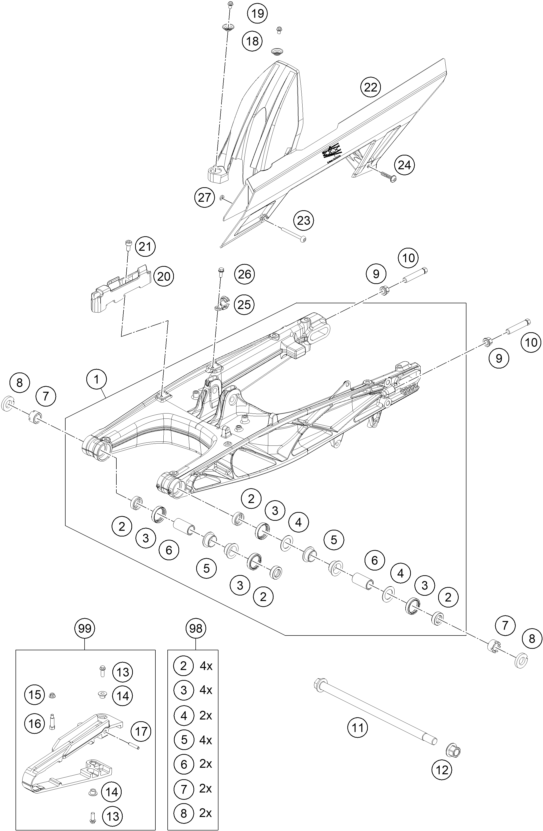 Despiece original completo de Basculante del modelo de KTM 390 ADVENTURE WHITE del año 2024