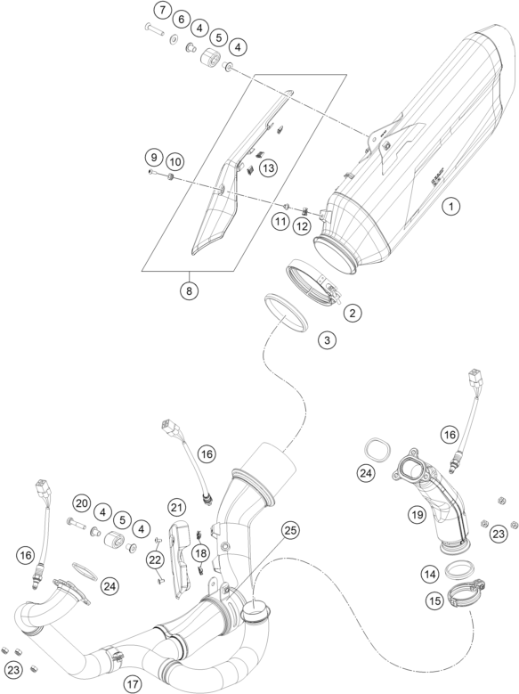 Despiece original completo de Sistema de escape del modelo de KTM 1290 SUPER ADVENTURE S GREY del año 2024