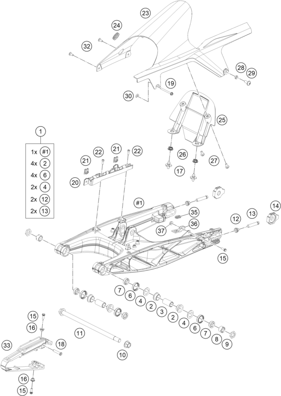 Despiece original completo de Basculante del modelo de KTM RC 390 ORANGE del año 2024