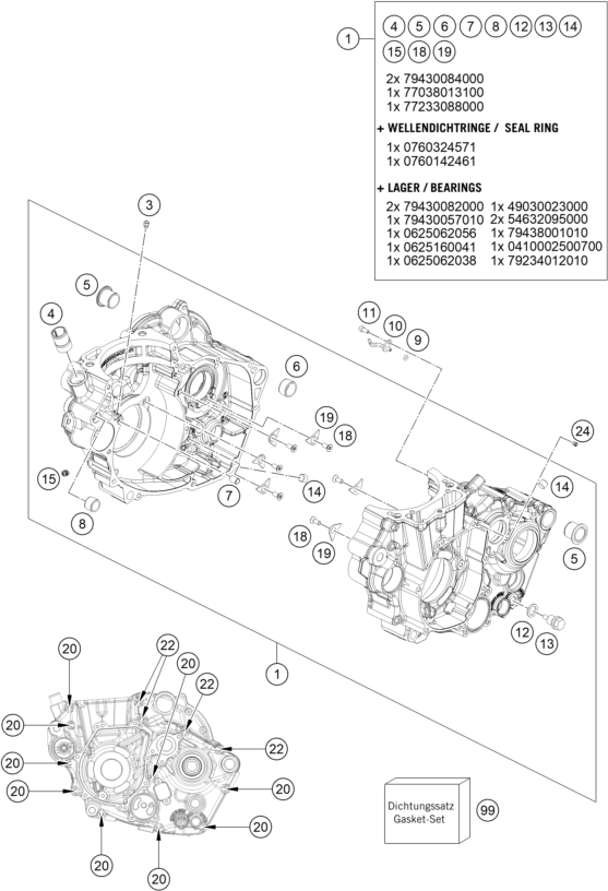 Despiece original completo de Carter del motor del modelo de KTM 450 EXC-F del año 2024