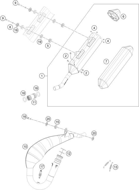 Despiece original completo de Sistema de escape del modelo de KTM 150 EXC del año 2024