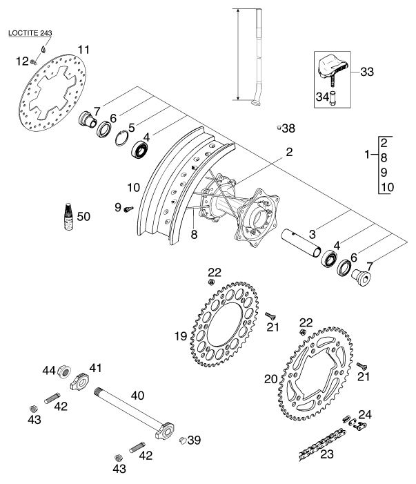 Despiece original completo de Rueda trasera del modelo de KTM 125 Supermoto 100 del año 2000