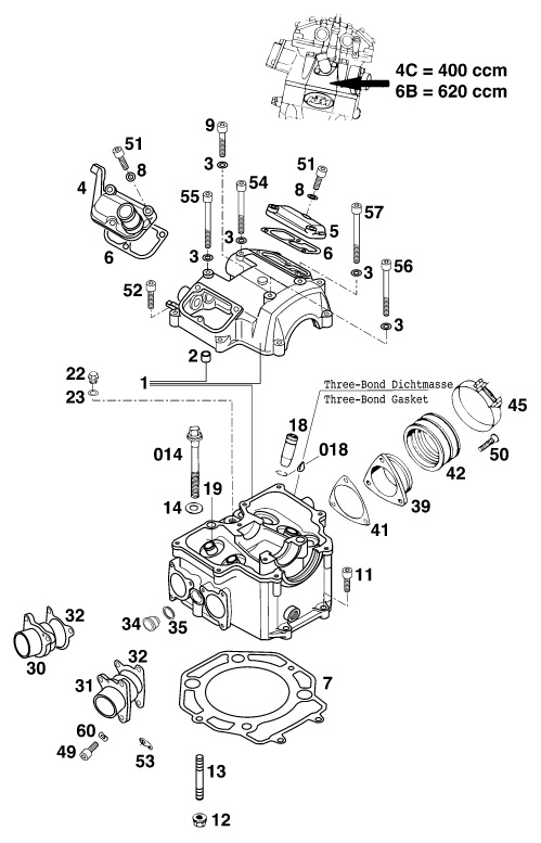 Despiece original completo de Culata de cilindros del modelo de KTM 620 SC del año 2000
