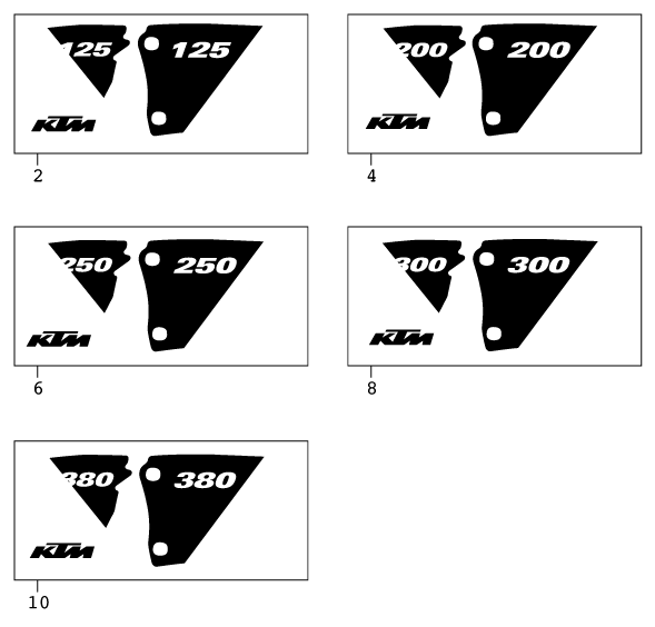 Despiece original completo de Kit gráficos del modelo de KTM 250 SX del año 2001