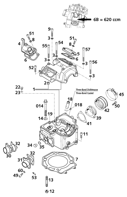 Despiece original completo de Culata de cilindros del modelo de KTM 620 SC Super-Moto del año 2000