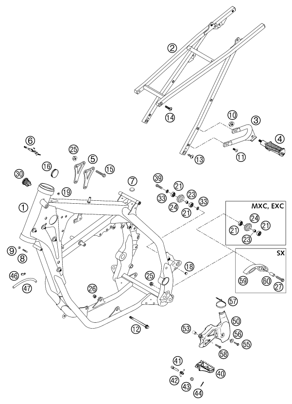 Despiece original completo de Chasis del modelo de KTM 125 EXC Six-Days del año 2002