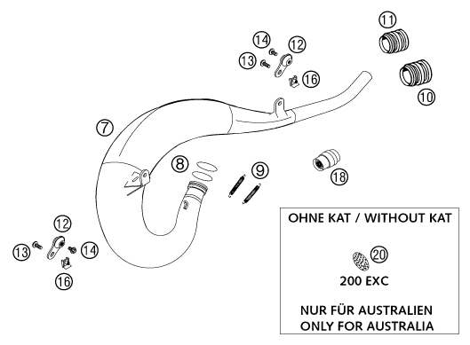 Despiece original completo de Sistema de escape del modelo de KTM 200 EXC del año 2001