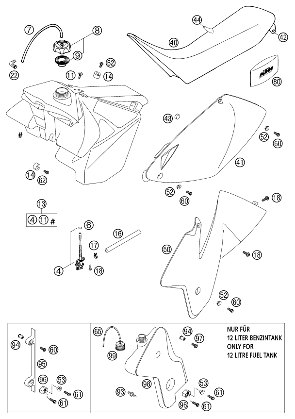 Despiece original completo de Depósito, asiento del modelo de KTM 250 EXC Racing Six Days del año 2002