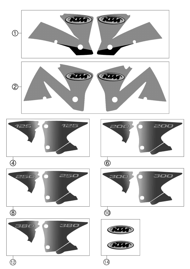 Despiece original completo de Kit gráficos del modelo de KTM 250 EXC del año 2002