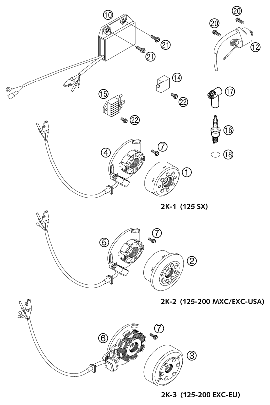 Despiece original completo de Sistema de encendido del modelo de KTM 125 EXC Six-Days del año 2002