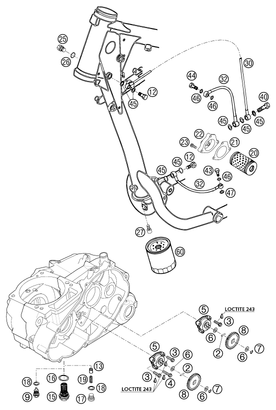 Despiece original completo de Sistema de lubricación del modelo de KTM 640 Duke II Weiss del año 2002