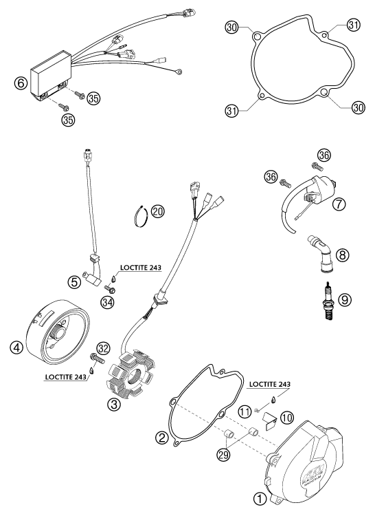 Despiece original completo de Sistema de encendido del modelo de KTM 250 EXC Racing del año 2001