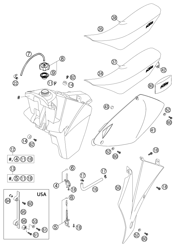 Despiece original completo de Depósito, asiento del modelo de KTM 125 EXC Six-Days del año 2003