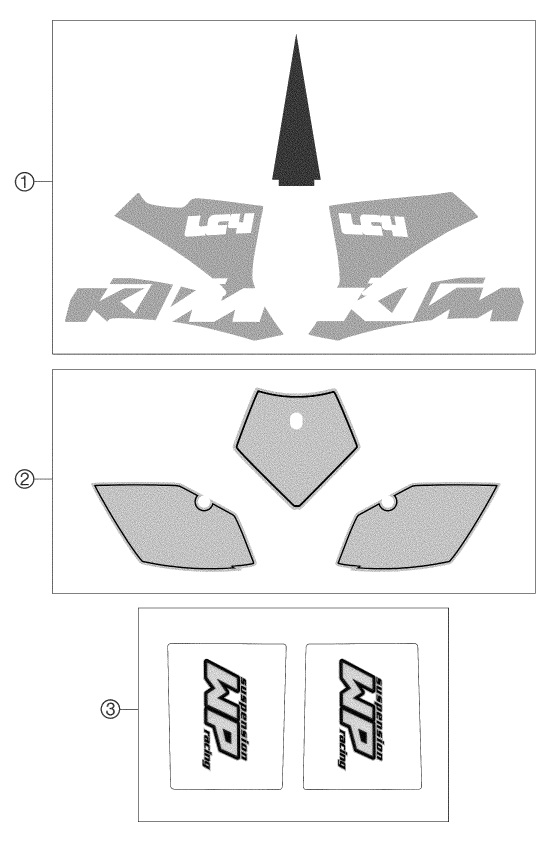 Despiece original completo de Kit gráficos del modelo de KTM 660 Supermoto Factory Repl del año 2003