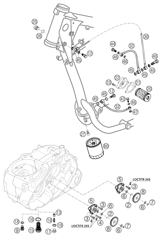 Despiece original completo de Sistema de lubricación del modelo de KTM 640 Duke II Yellow del año 2004