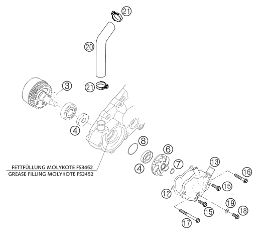 Despiece original completo de Bomba de agua del modelo de KTM 660 Rallye Factory Repl del año 2003