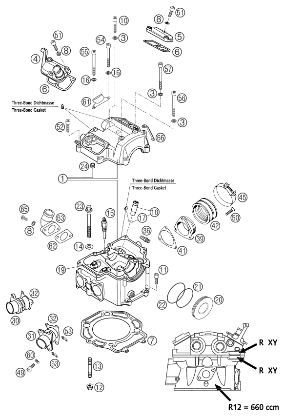 Despiece original completo de Culata de cilindros del modelo de KTM 660 Rallye Factory Repl del año 2003