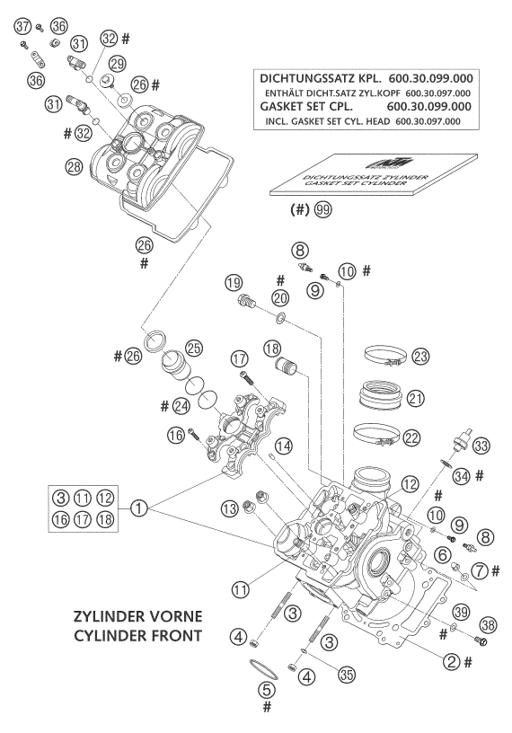 Despiece original completo de Culata de cilindros delantera del modelo de KTM 950 Adventure Silver del año 2003