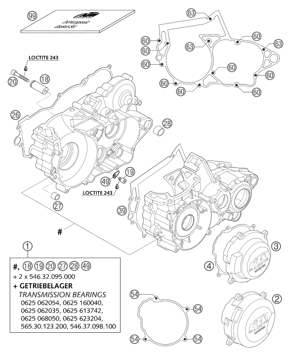 Despiece original completo de Carter del motor del modelo de KTM 250 EXC Six-Days del año 2004