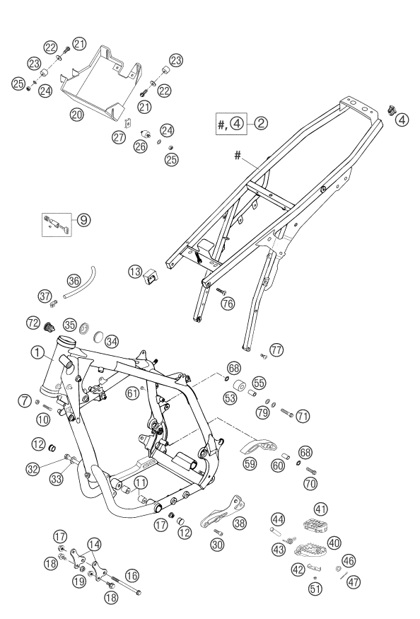 Despiece original completo de Chasis del modelo de KTM 625 SXC del año 2004