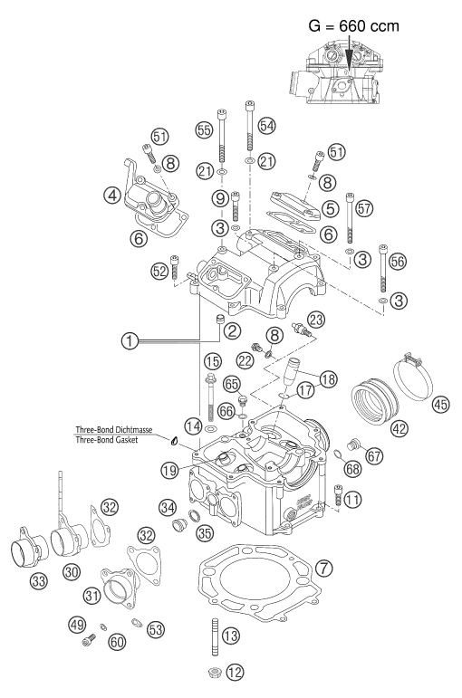 Despiece original completo de Culata de cilindros del modelo de KTM 660 SMC del año 2004