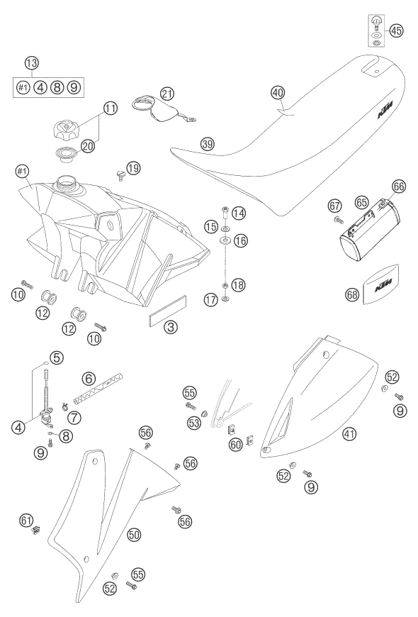 Despiece original completo de Depósito, asiento del modelo de KTM 625 SXC del año 2007