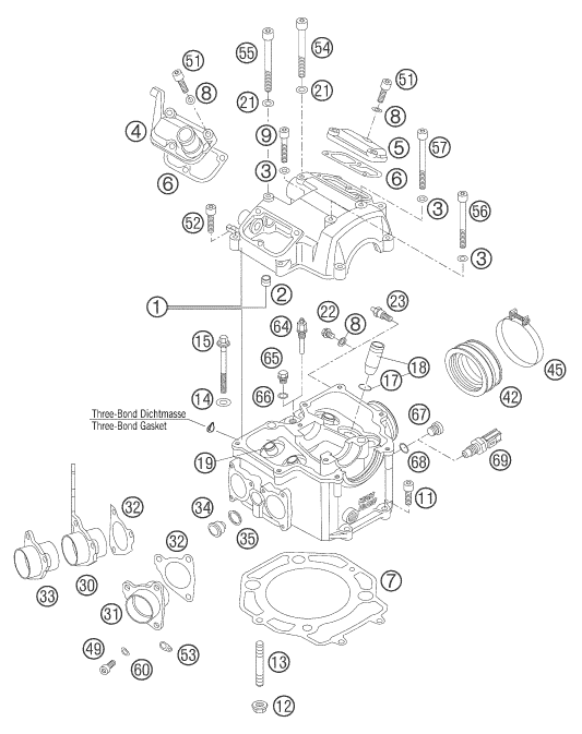 Despiece original completo de Culata de cilindros del modelo de KTM 640 Adventure del año 2005