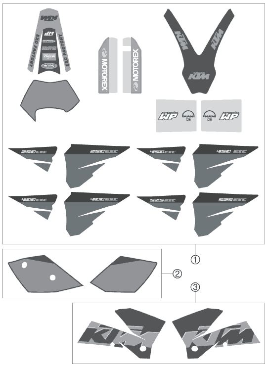 Despiece original completo de Kit gráficos del modelo de KTM 400 EXC Factory del año 2005