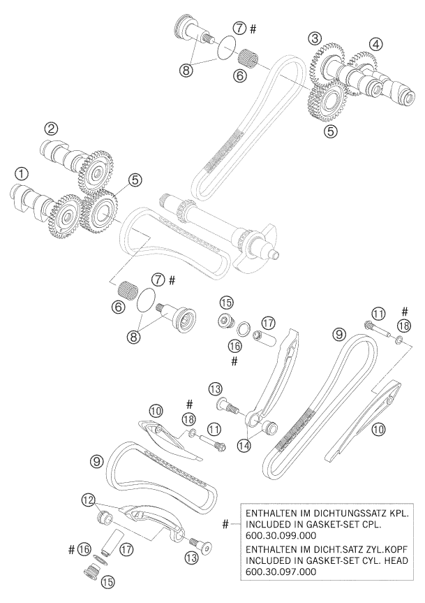 Despiece original completo de Mando de las válvulas del modelo de KTM 950 Adventure Silver del año 2003