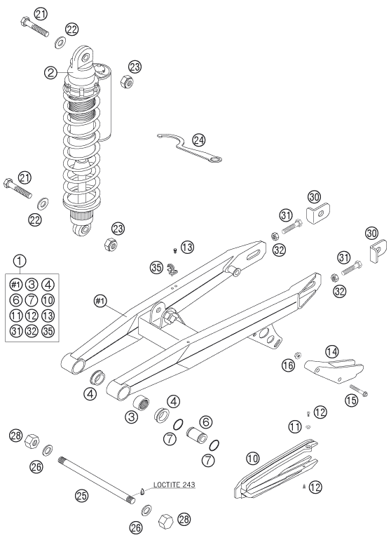 Despiece original completo de Basculante del modelo de KTM 65 SX del año 2007