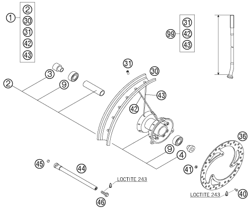 Despiece original completo de Rueda delantera del modelo de KTM 65 SX del año 2007