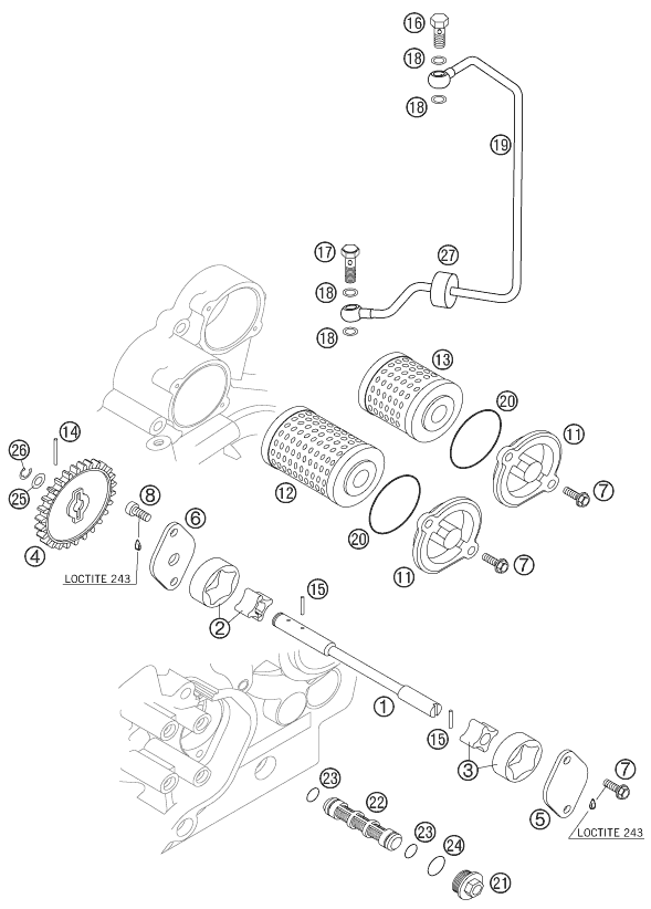 Despiece original completo de Sistema de lubricación del modelo de KTM 450 XC del año 2007