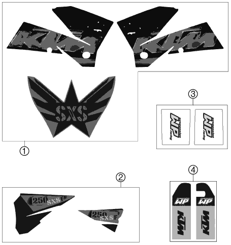 Despiece original completo de Kit gráficos del modelo de KTM 250 SXS-F del año 2006
