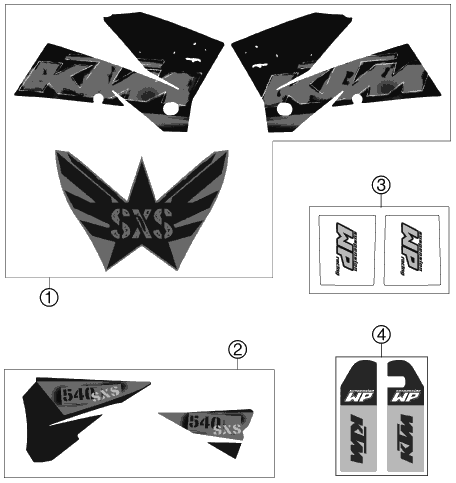 Despiece original completo de Kit gráficos del modelo de KTM 540 SXS del año 2006