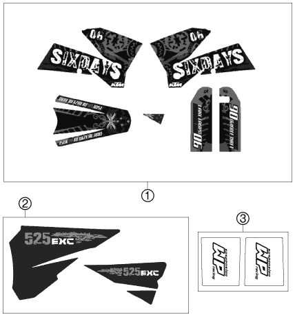 Despiece original completo de Kit gráficos del modelo de KTM 525 EXC Racing Six-Days del año 2007