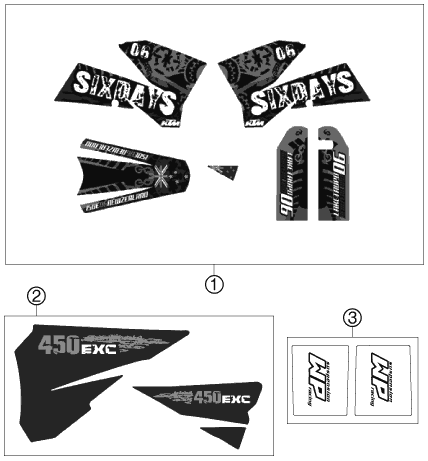 Despiece original completo de Kit gráficos del modelo de KTM 450 EXC Racing Six-Days del año 2007