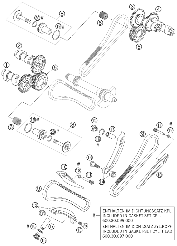 Despiece original completo de Mando de las válvulas del modelo de KTM 950 Supermoto Black del año 2007
