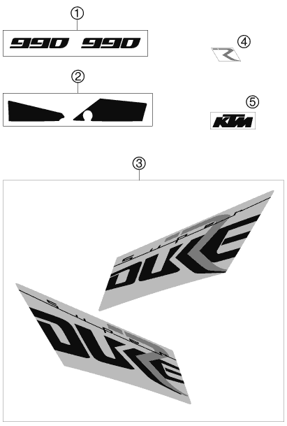 Despiece original completo de Kit gráficos del modelo de KTM 990 Super Duke R del año 2007