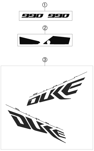 Despiece original completo de Kit gráficos del modelo de KTM 990 Super Duke Black del año 2009