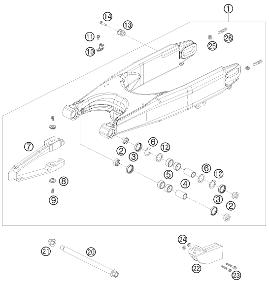 Despiece original completo de Basculante del modelo de KTM 690 RALLY FACTORY REPLICA del año 2010