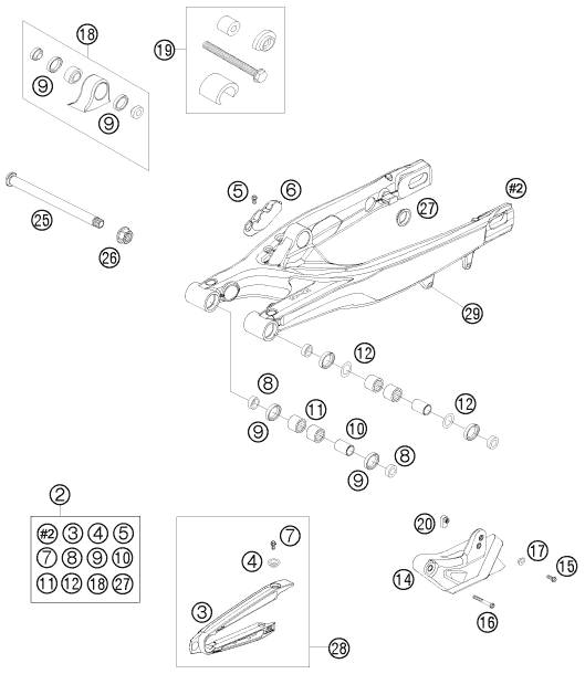 Despiece original completo de Basculante del modelo de KTM 125 SX del año 2007