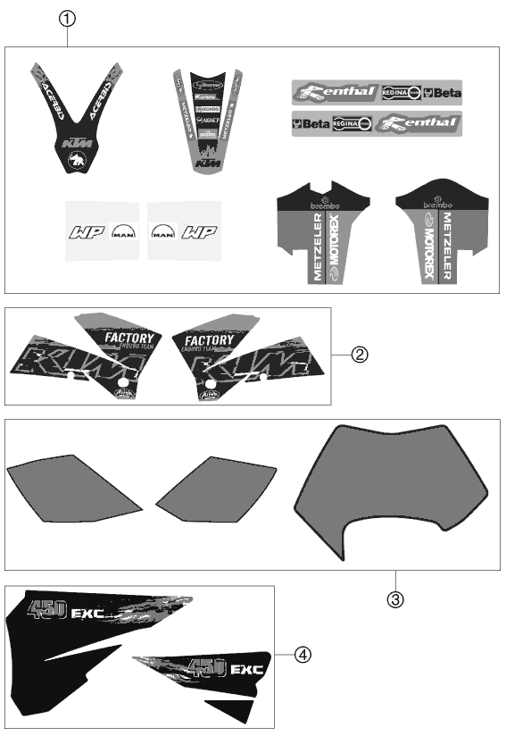 Despiece original completo de Kit gráficos del modelo de KTM 450 EXC Factory Racing del año 2007