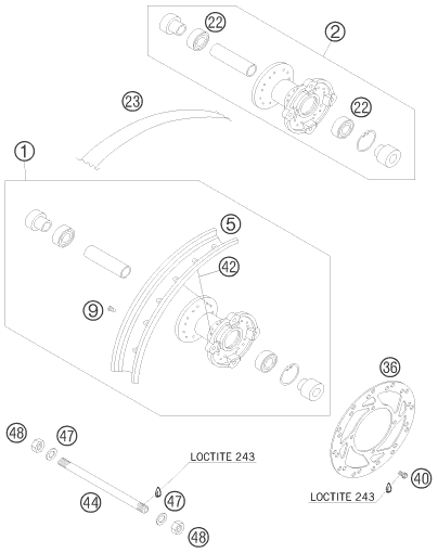 Despiece original completo de Rueda delantera del modelo de KTM 50 SX del año 2008