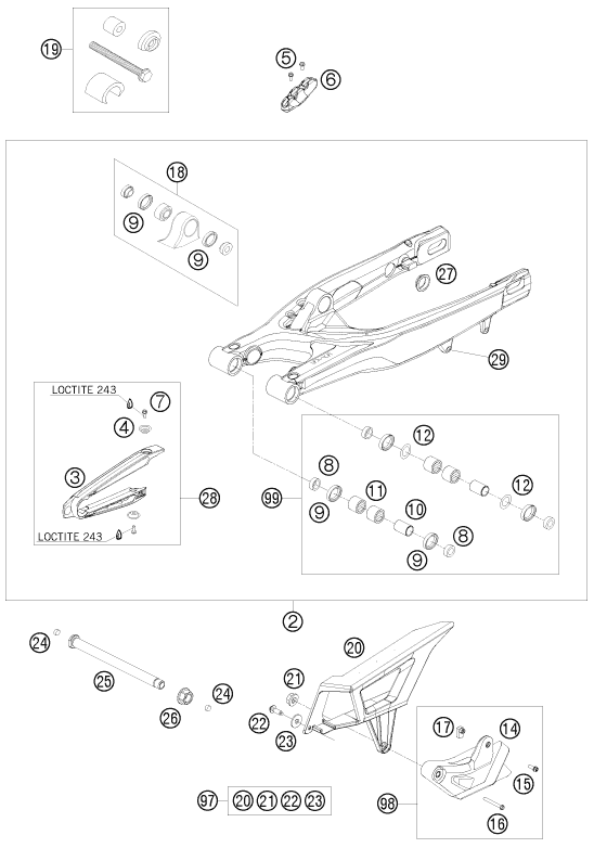 Despiece original completo de Basculante del modelo de KTM 125 EXC del año 2010