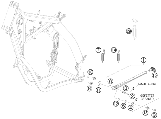 Despiece original completo de Caballete lateral / caballete central del modelo de KTM 125 EXC SIX-DAYS del año 2009