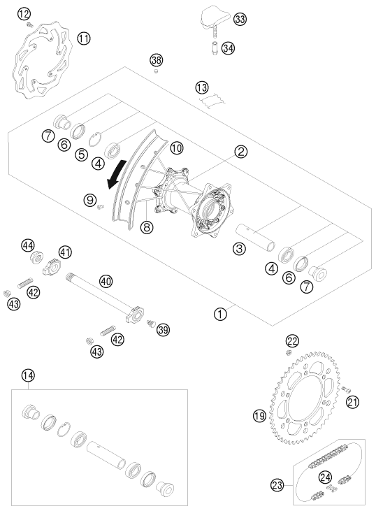 Despiece original completo de rueda trasera del modelo de KTM 125 SXS del año 2008
