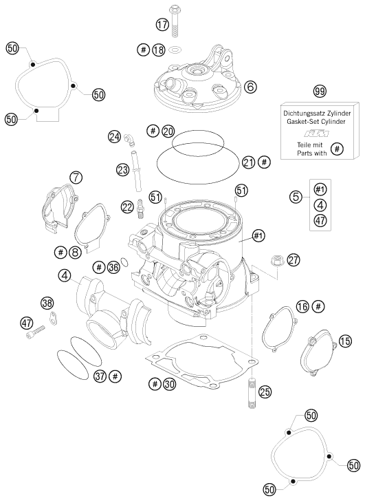 Despiece original completo de Cilindro, culata de cilindros del modelo de KTM 250 EXC del año 2009